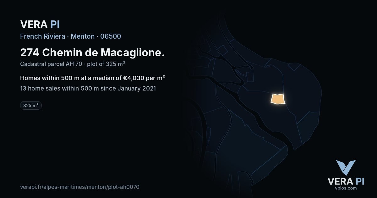 274 Chemin de Macaglione, Menton at night – the plot lit, the parcels around coloured by the prices near them