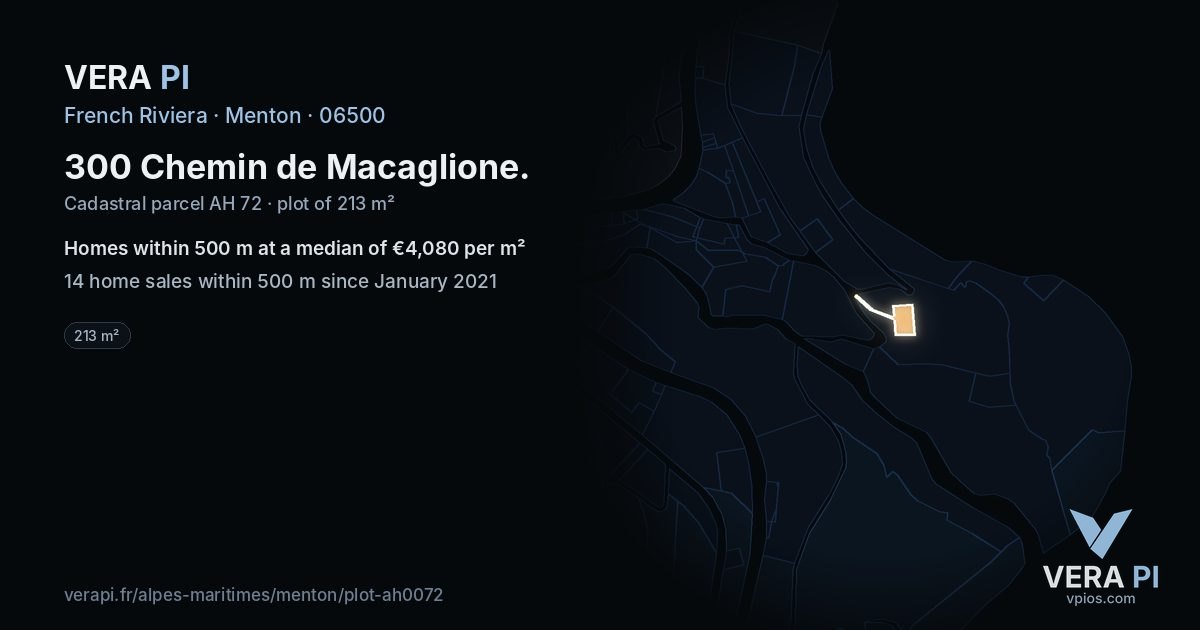 300 Chemin de Macaglione, Menton at night – the plot lit, the parcels around coloured by the prices near them