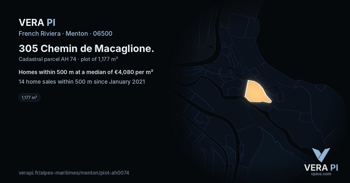 305 Chemin de Macaglione, Menton at night – the plot lit, the parcels around coloured by the prices near them