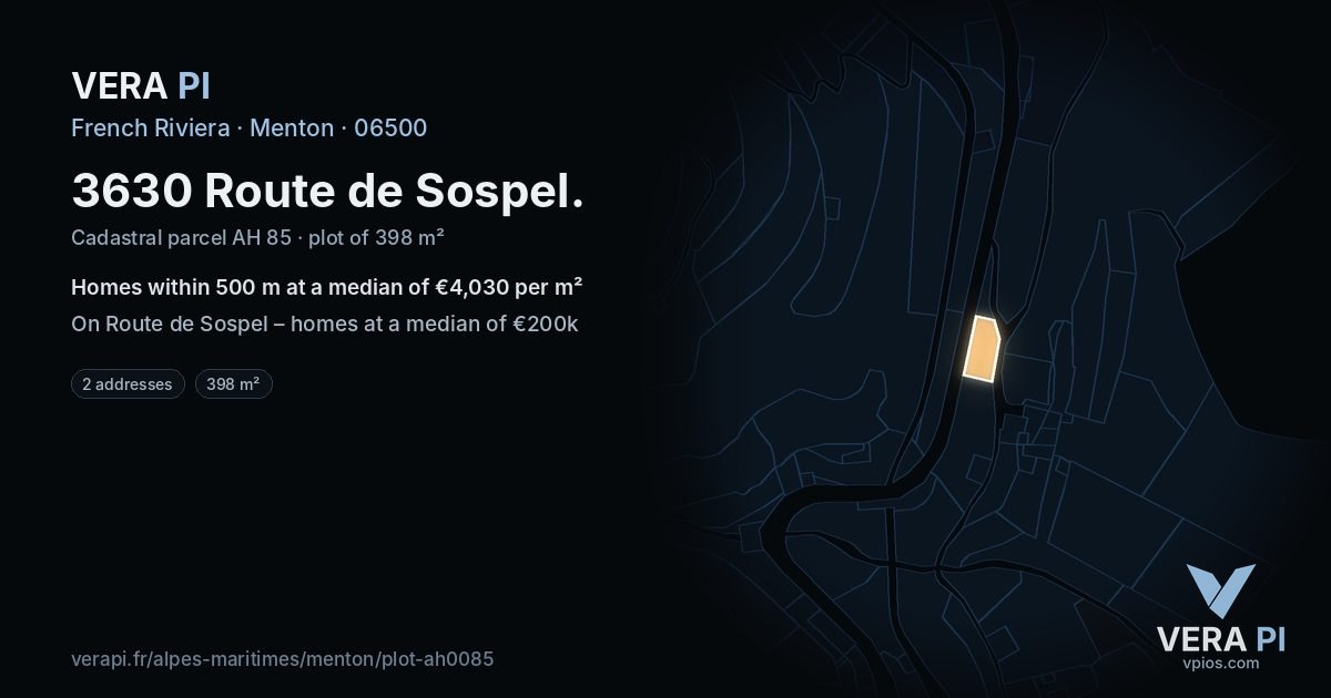 3630 Route de Sospel, Menton at night – the plot lit, the parcels around coloured by the prices near them