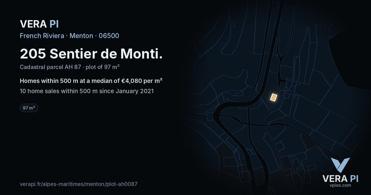 205 Sentier de Monti, Menton at night – the plot lit, the parcels around coloured by the prices near them