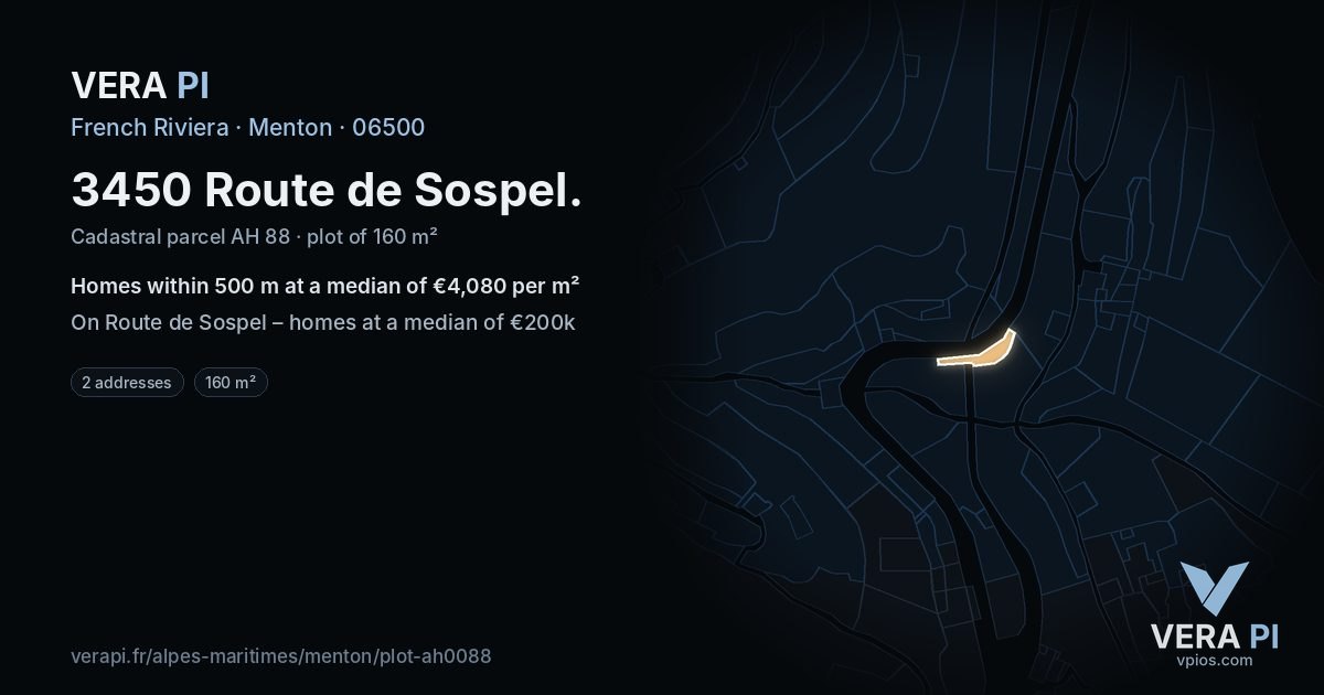 3450 Route de Sospel, Menton at night – the plot lit, the parcels around coloured by the prices near them