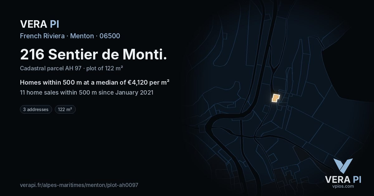 216 Sentier de Monti, Menton at night – the plot lit, the parcels around coloured by the prices near them