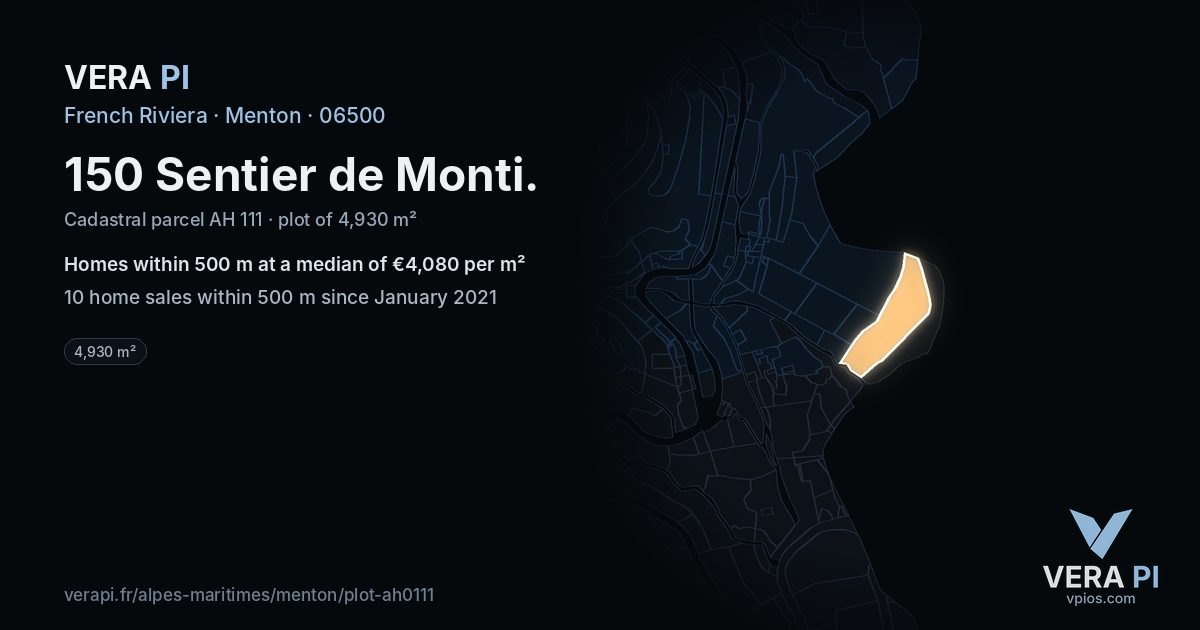 150 Sentier de Monti, Menton at night – the plot lit, the parcels around coloured by the prices near them