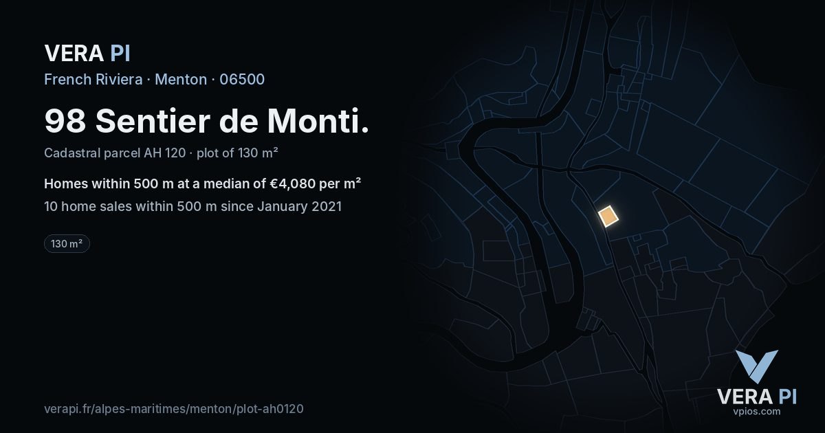 98 Sentier de Monti, Menton at night – the plot lit, the parcels around coloured by the prices near them