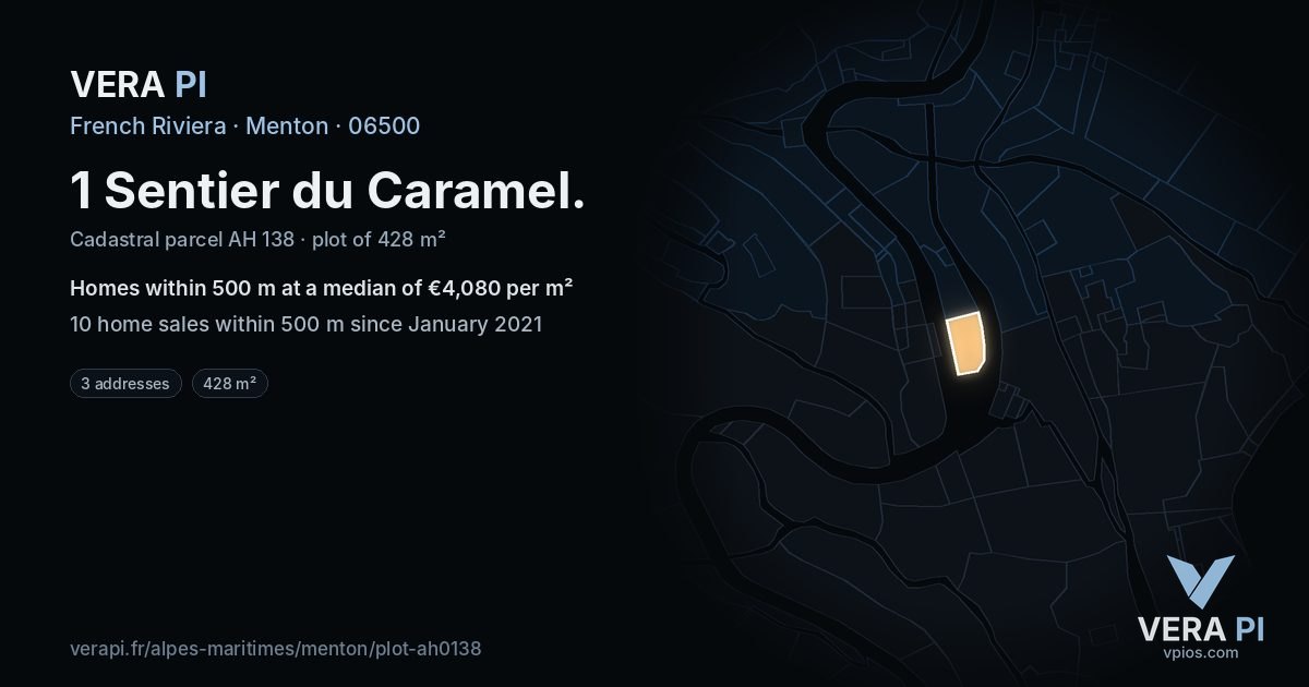 1 Sentier du Caramel, Menton at night – the plot lit, the parcels around coloured by the prices near them