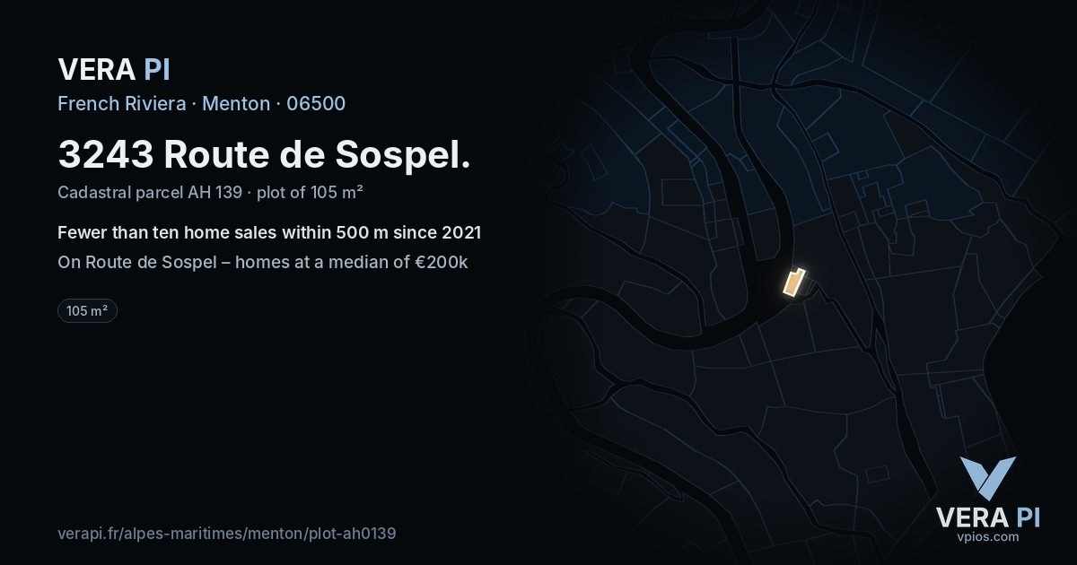 3243 Route de Sospel, Menton at night – the plot lit, the parcels around coloured by the prices near them