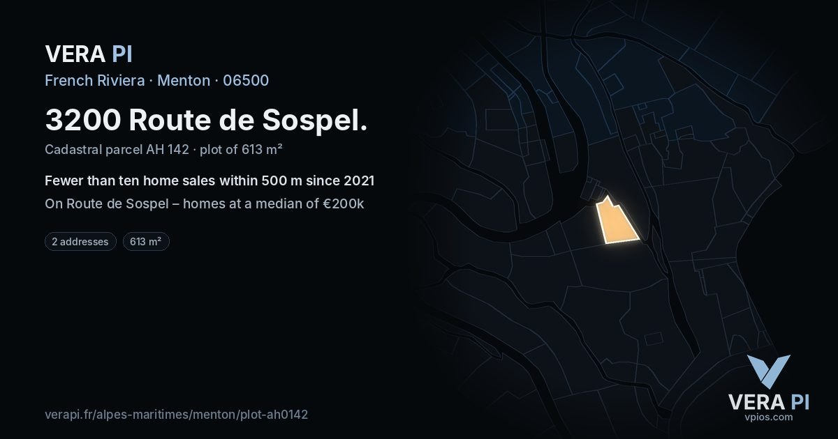 3200 Route de Sospel, Menton at night – the plot lit, the parcels around coloured by the prices near them