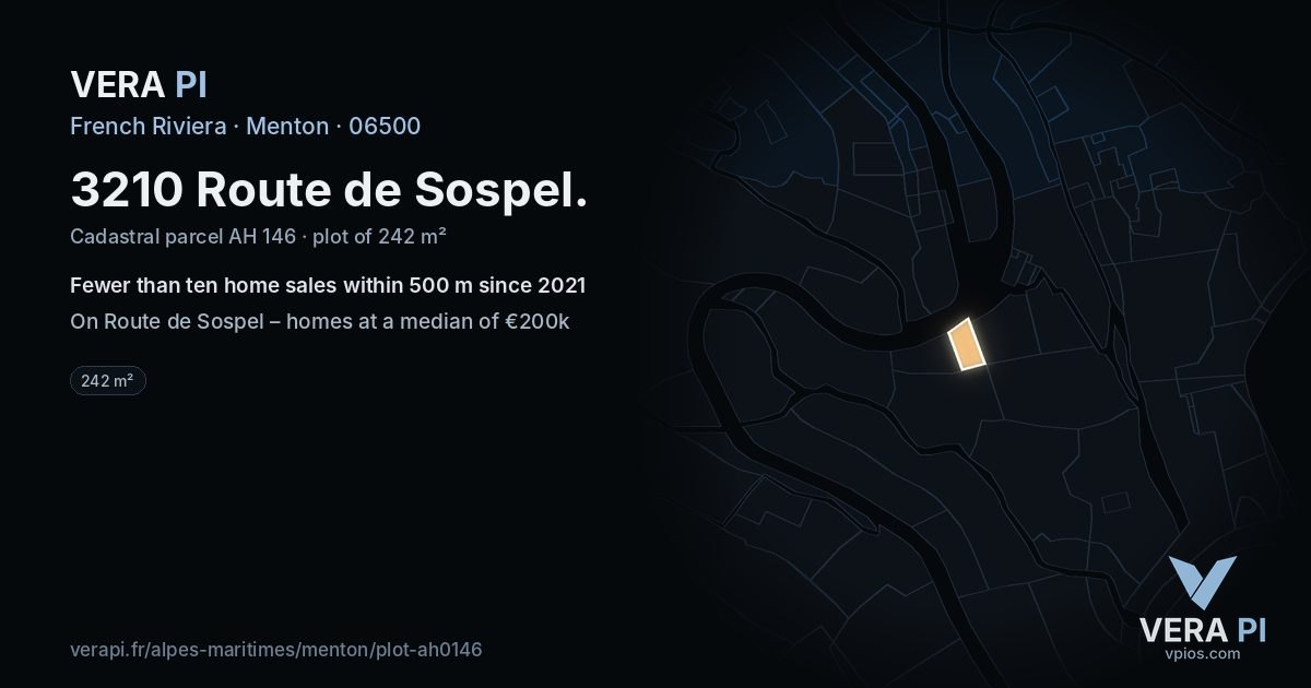 3210 Route de Sospel, Menton at night – the plot lit, the parcels around coloured by the prices near them
