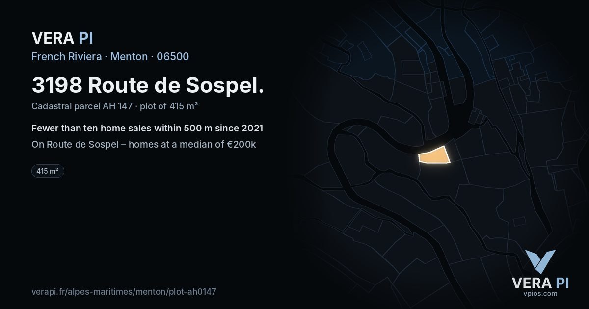 3198 Route de Sospel, Menton at night – the plot lit, the parcels around coloured by the prices near them