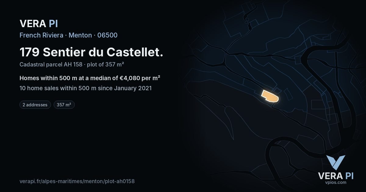 179 Sentier du Castellet, Menton at night – the plot lit, the parcels around coloured by the prices near them