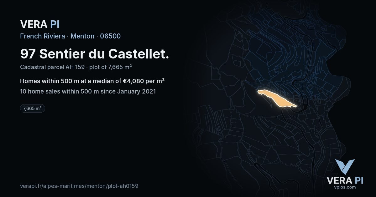 97 Sentier du Castellet, Menton at night – the plot lit, the parcels around coloured by the prices near them