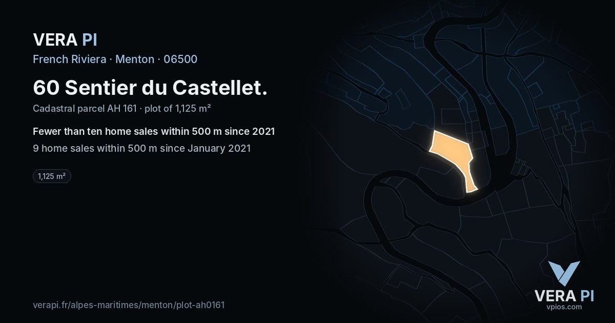 60 Sentier du Castellet, Menton at night – the plot lit, the parcels around coloured by the prices near them