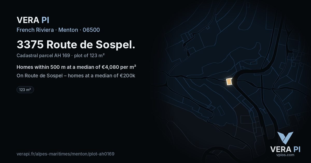 3375 Route de Sospel, Menton at night – the plot lit, the parcels around coloured by the prices near them