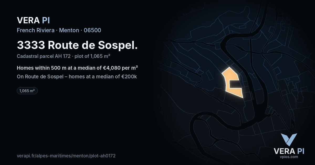 3333 Route de Sospel, Menton at night – the plot lit, the parcels around coloured by the prices near them