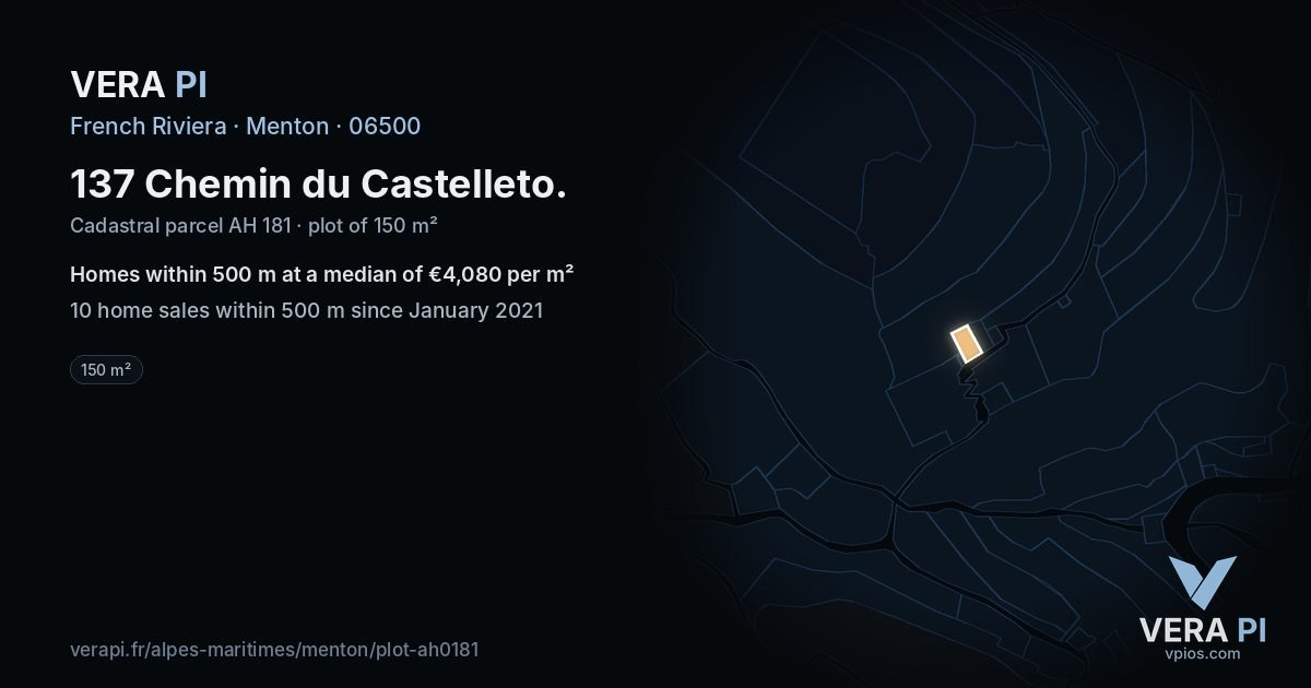 137 Chemin du Castelleto, Menton at night – the plot lit, the parcels around coloured by the prices near them