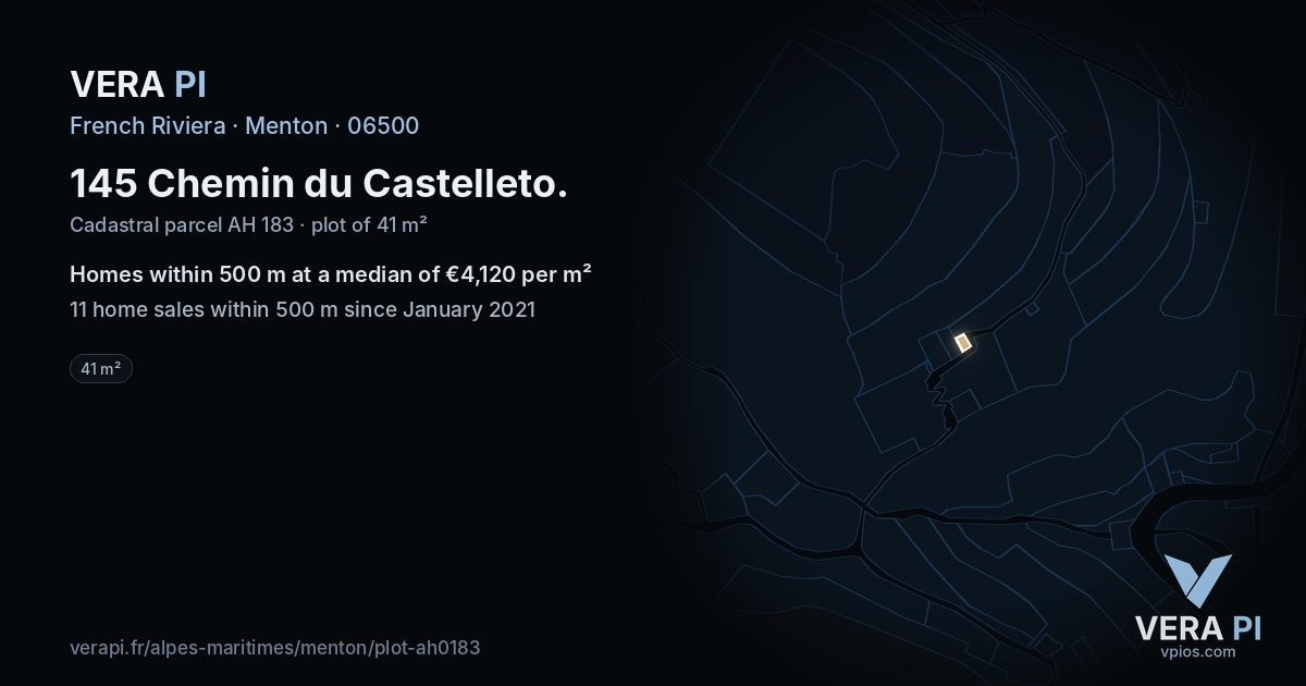 145 Chemin du Castelleto, Menton at night – the plot lit, the parcels around coloured by the prices near them