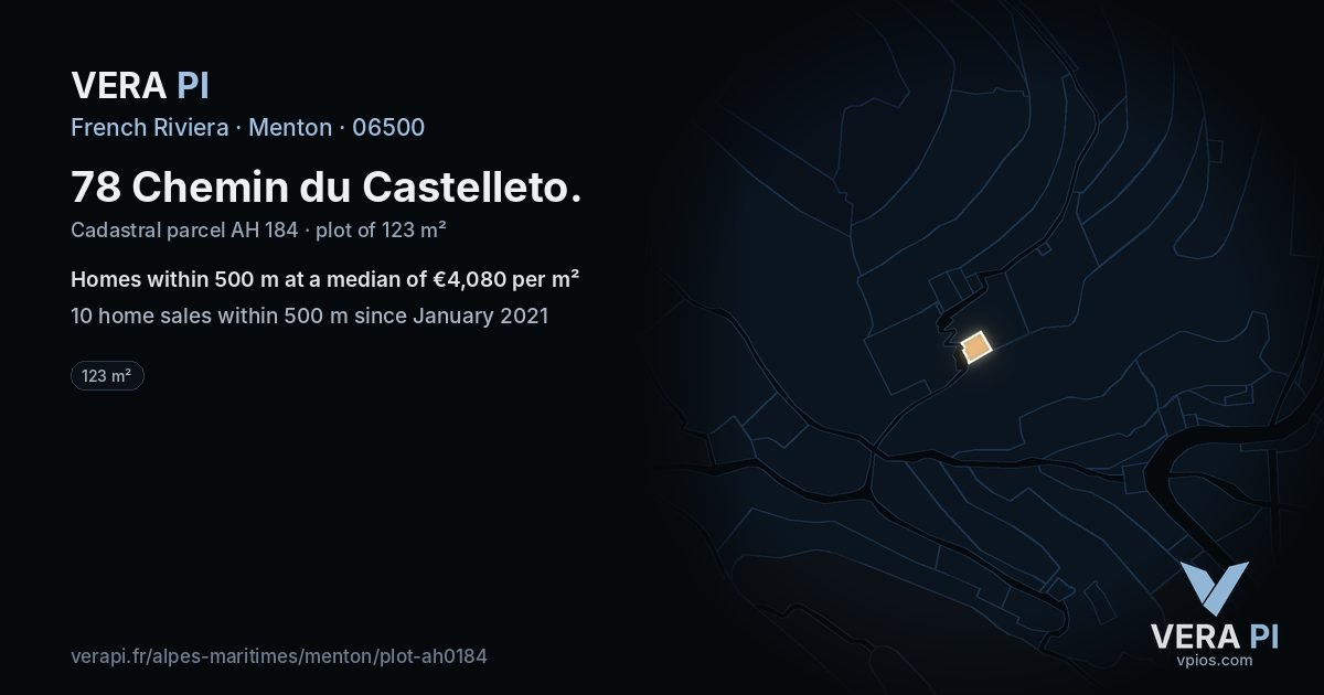 78 Chemin du Castelleto, Menton at night – the plot lit, the parcels around coloured by the prices near them