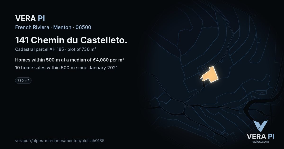 141 Chemin du Castelleto, Menton at night – the plot lit, the parcels around coloured by the prices near them