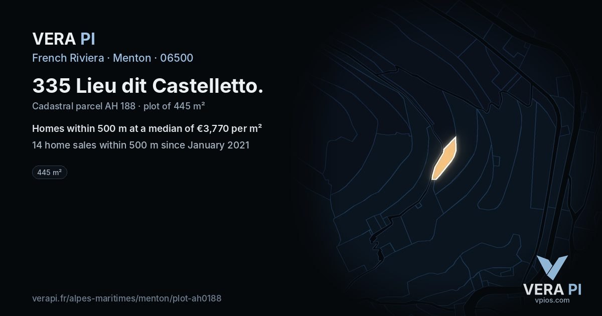 335 Lieu dit Castelletto, Menton at night – the plot lit, the parcels around coloured by the prices near them