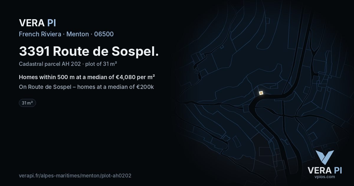 3391 Route de Sospel, Menton at night – the plot lit, the parcels around coloured by the prices near them