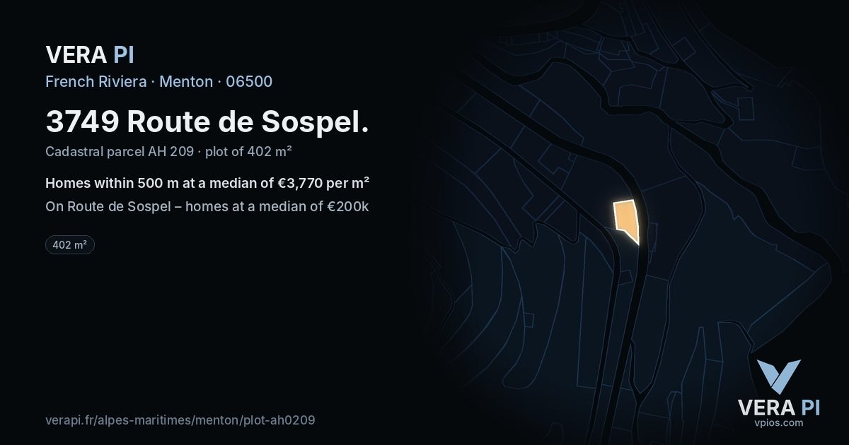 3749 Route de Sospel, Menton at night – the plot lit, the parcels around coloured by the prices near them