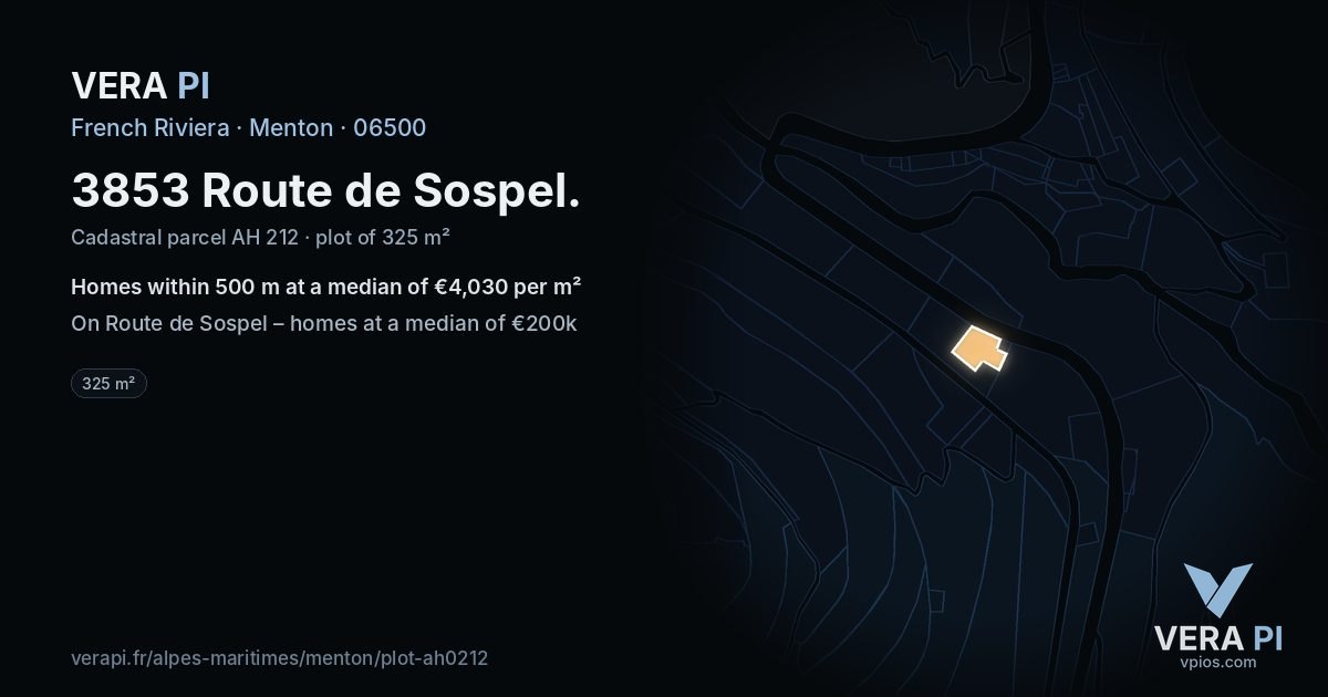 3853 Route de Sospel, Menton at night – the plot lit, the parcels around coloured by the prices near them