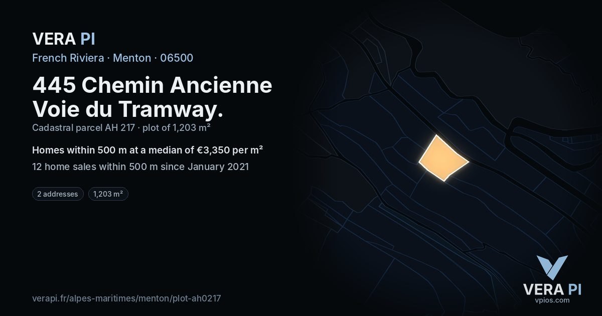 445 Chemin Ancienne Voie du Tramway, Menton at night – the plot lit, the parcels around coloured by the prices near them