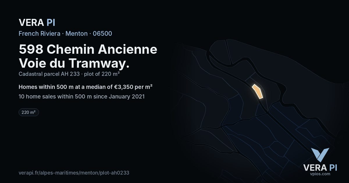 598 Chemin Ancienne Voie du Tramway, Menton at night – the plot lit, the parcels around coloured by the prices near them