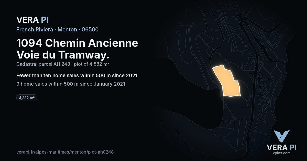 1094 Chemin Ancienne Voie du Tramway, Menton at night – the plot lit, the parcels around coloured by the prices near them