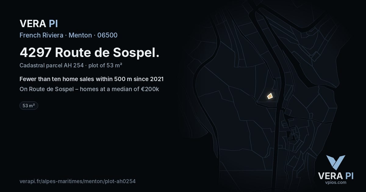 4297 Route de Sospel, Menton at night – the plot lit, the parcels around coloured by the prices near them