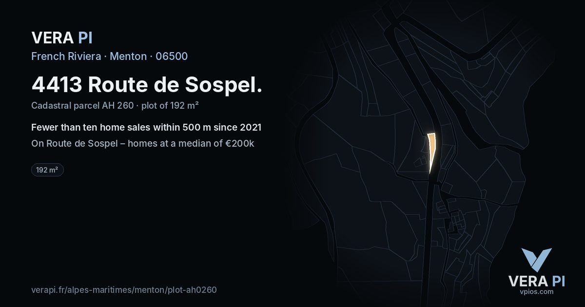 4413 Route de Sospel, Menton at night – the plot lit, the parcels around coloured by the prices near them