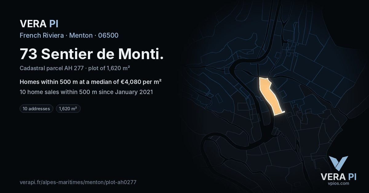 73 Sentier de Monti, Menton at night – the plot lit, the parcels around coloured by the prices near them