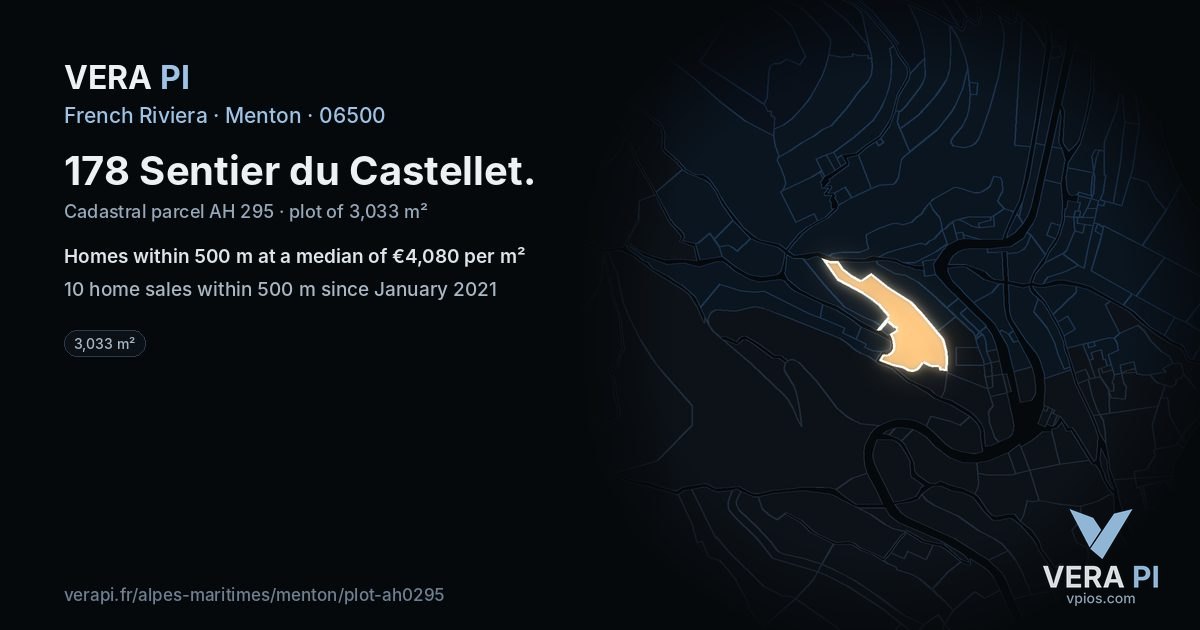 178 Sentier du Castellet, Menton at night – the plot lit, the parcels around coloured by the prices near them