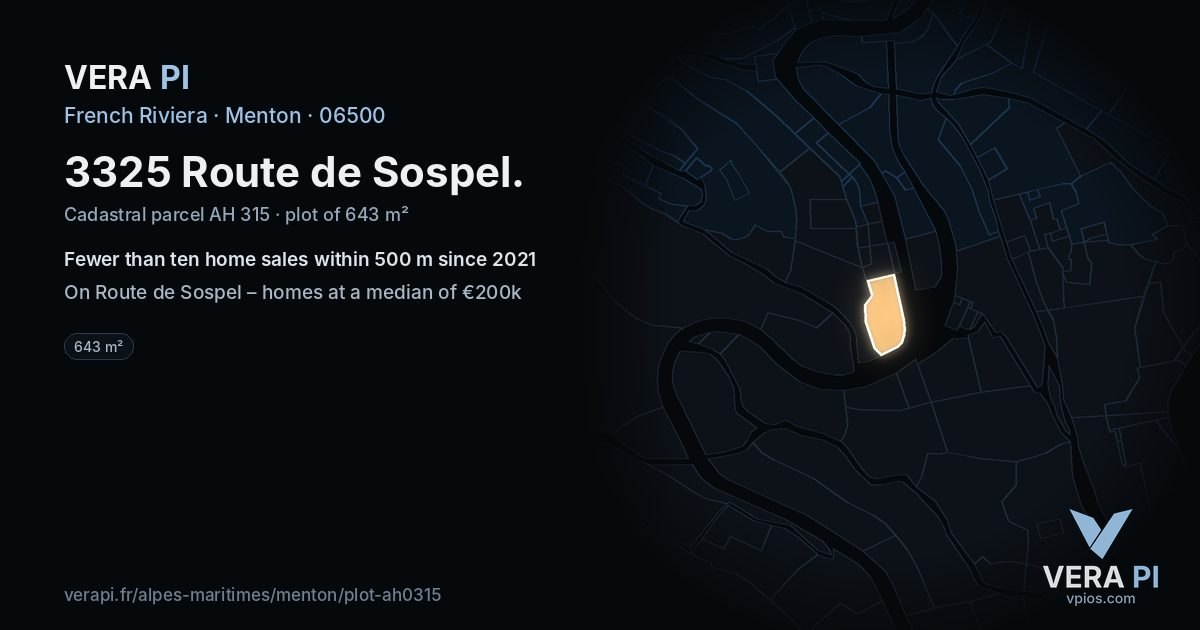 3325 Route de Sospel, Menton at night – the plot lit, the parcels around coloured by the prices near them