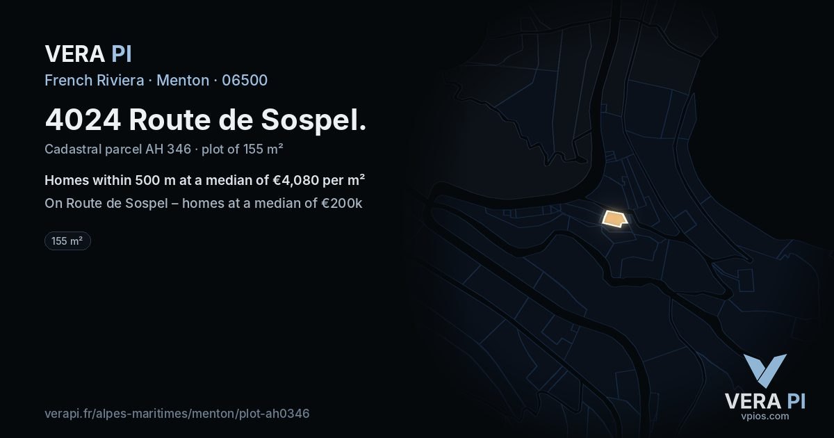 4024 Route de Sospel, Menton at night – the plot lit, the parcels around coloured by the prices near them