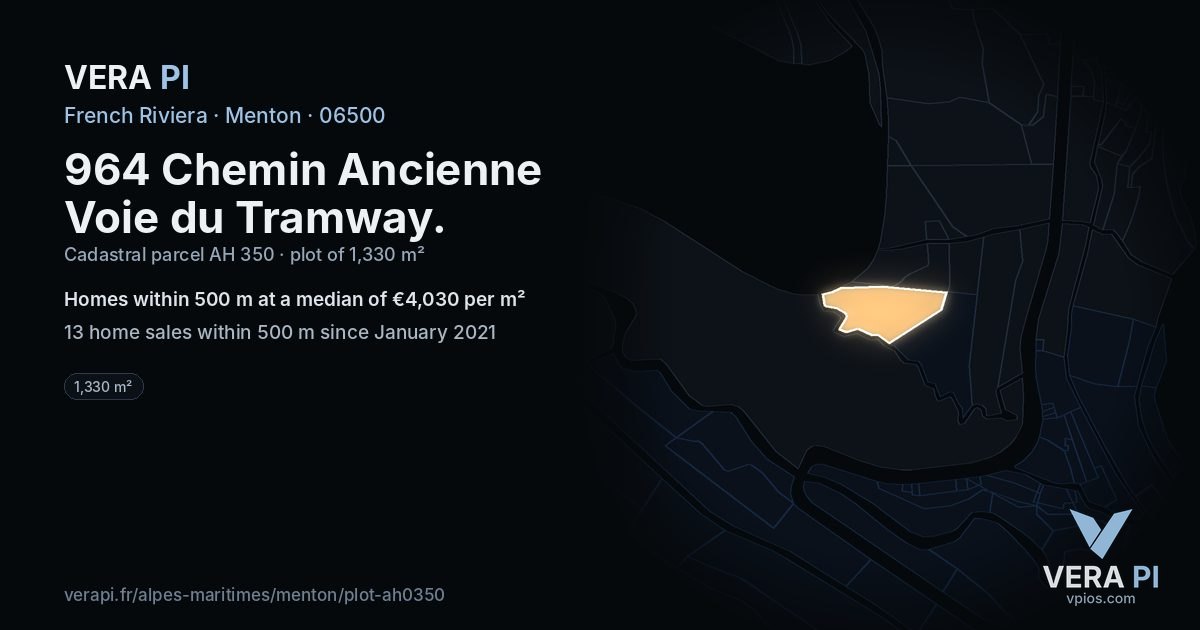 964 Chemin Ancienne Voie du Tramway, Menton at night – the plot lit, the parcels around coloured by the prices near them