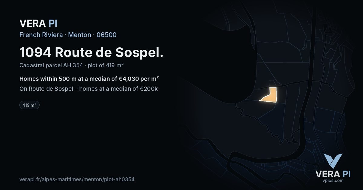 1094 Route de Sospel, Menton at night – the plot lit, the parcels around coloured by the prices near them