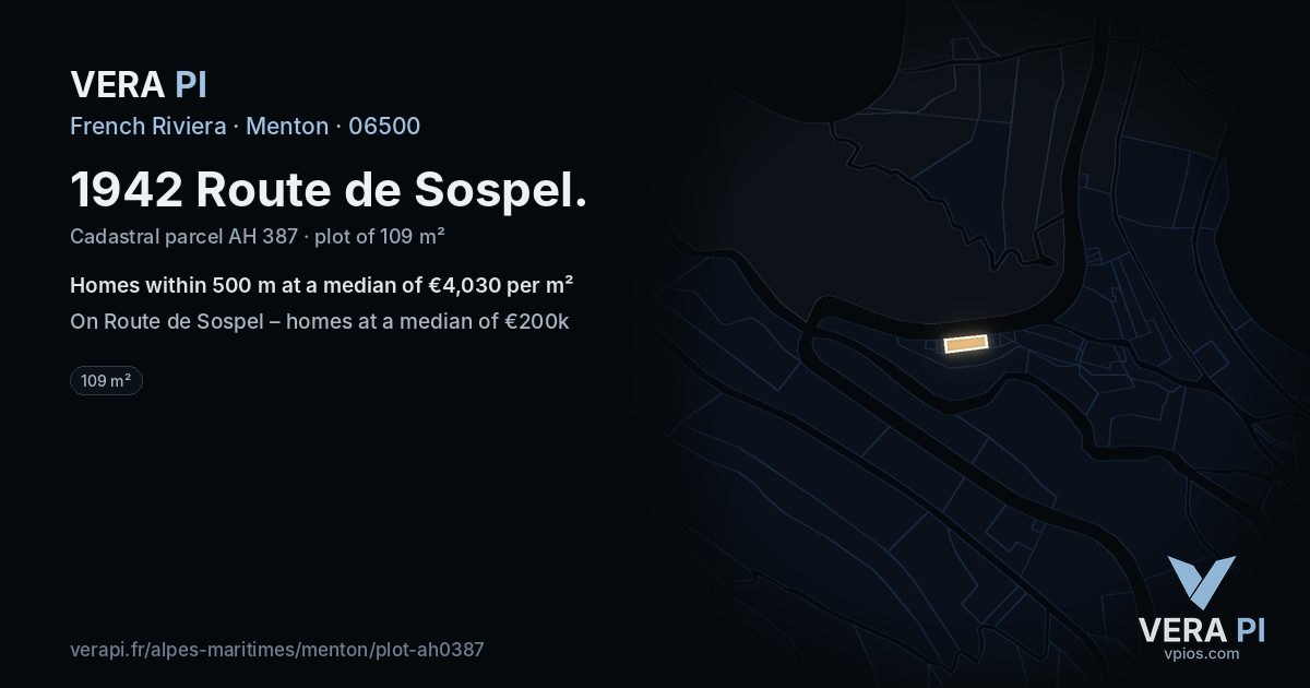 1942 Route de Sospel, Menton at night – the plot lit, the parcels around coloured by the prices near them