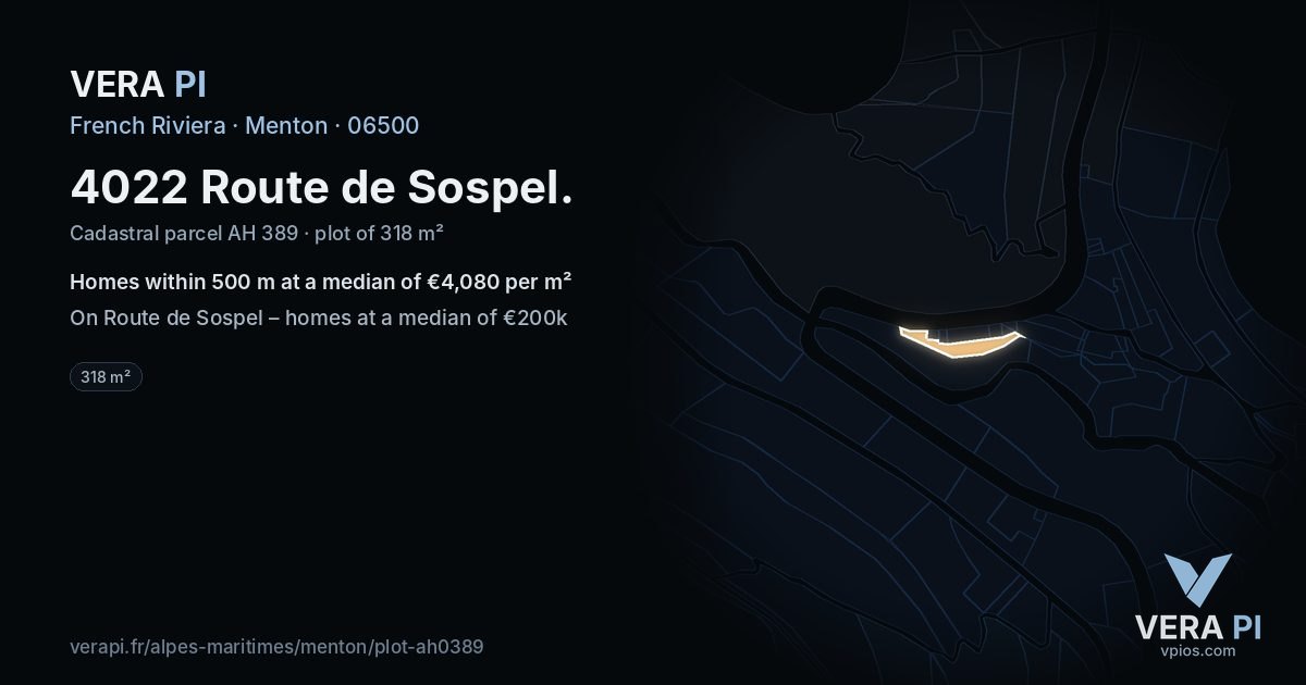 4022 Route de Sospel, Menton at night – the plot lit, the parcels around coloured by the prices near them