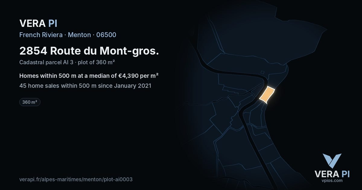2854 Route du Mont-gros, Menton at night – the plot lit, the parcels around coloured by the prices near them