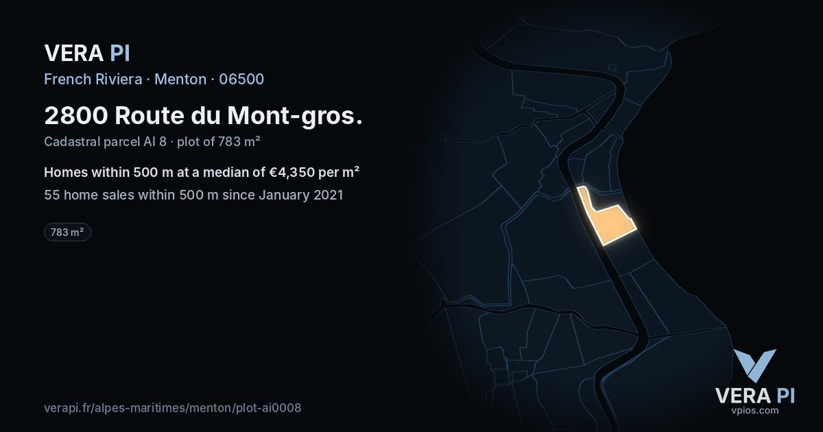 2800 Route du Mont-gros, Menton at night – the plot lit, the parcels around coloured by the prices near them