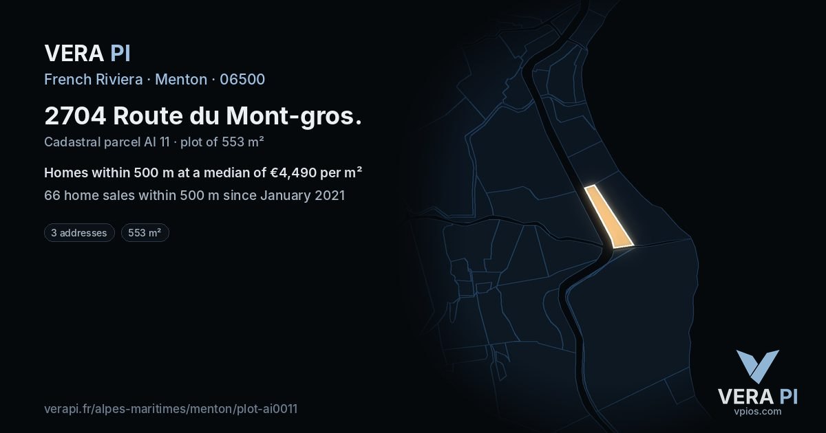 2704 Route du Mont-gros, Menton at night – the plot lit, the parcels around coloured by the prices near them