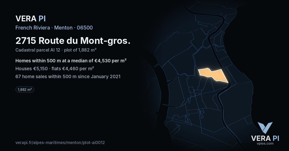 2715 Route du Mont-gros, Menton at night – the plot lit, the parcels around coloured by the prices near them