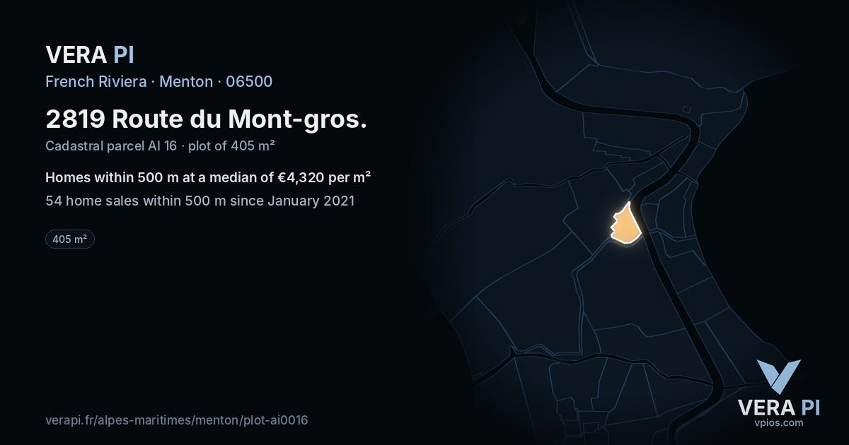 2819 Route du Mont-gros, Menton at night – the plot lit, the parcels around coloured by the prices near them