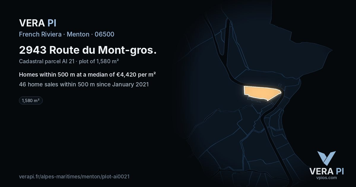 2943 Route du Mont-gros, Menton at night – the plot lit, the parcels around coloured by the prices near them