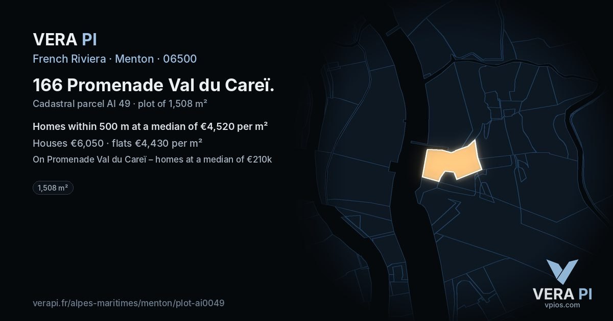 166 Promenade Val du Careï, Menton at night – the plot lit, the parcels around coloured by the prices near them