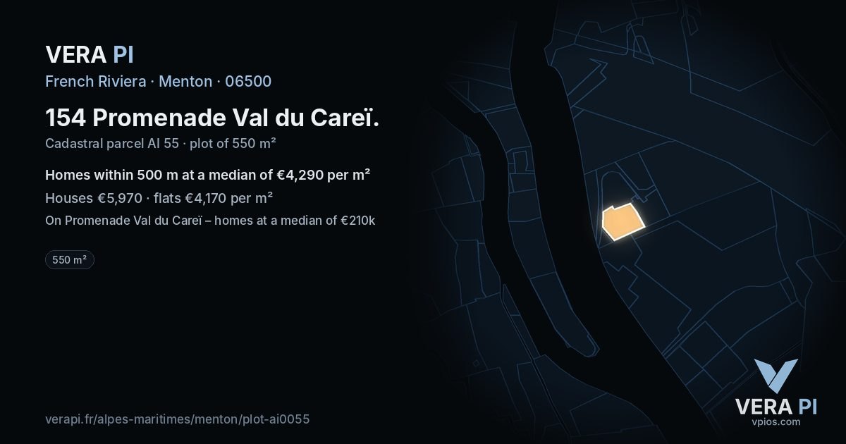 154 Promenade Val du Careï, Menton at night – the plot lit, the parcels around coloured by the prices near them