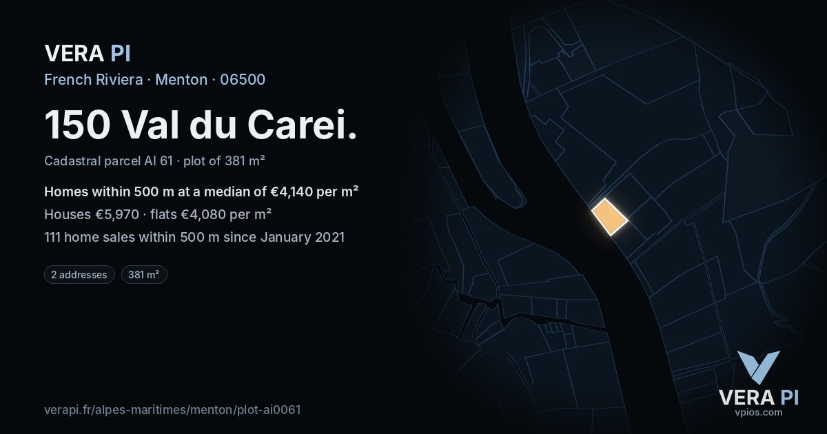 150 Val du Carei, Menton at night – the plot lit, the parcels around coloured by the prices near them