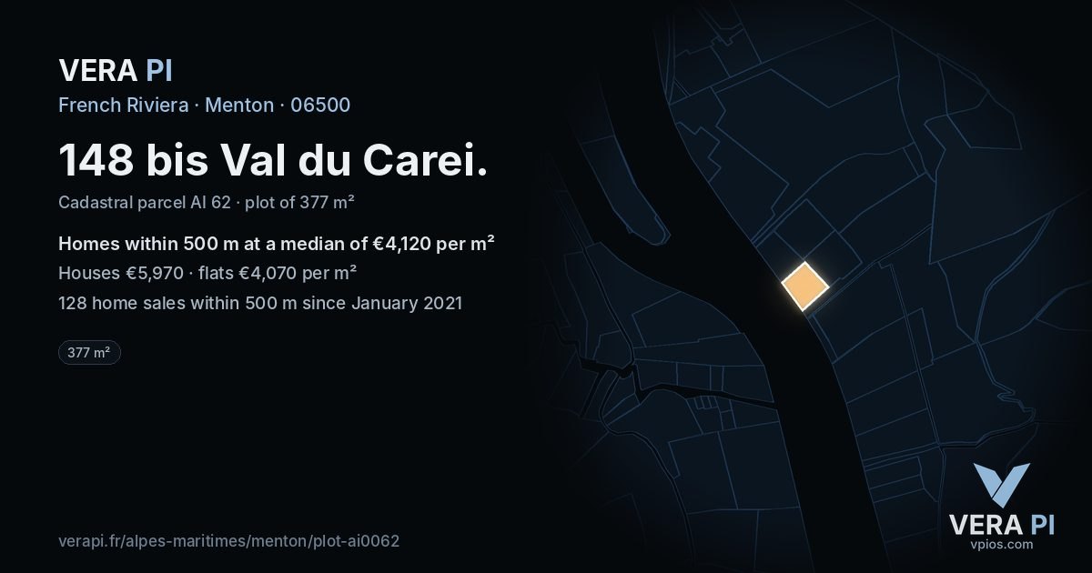 148 bis Val du Carei, Menton at night – the plot lit, the parcels around coloured by the prices near them